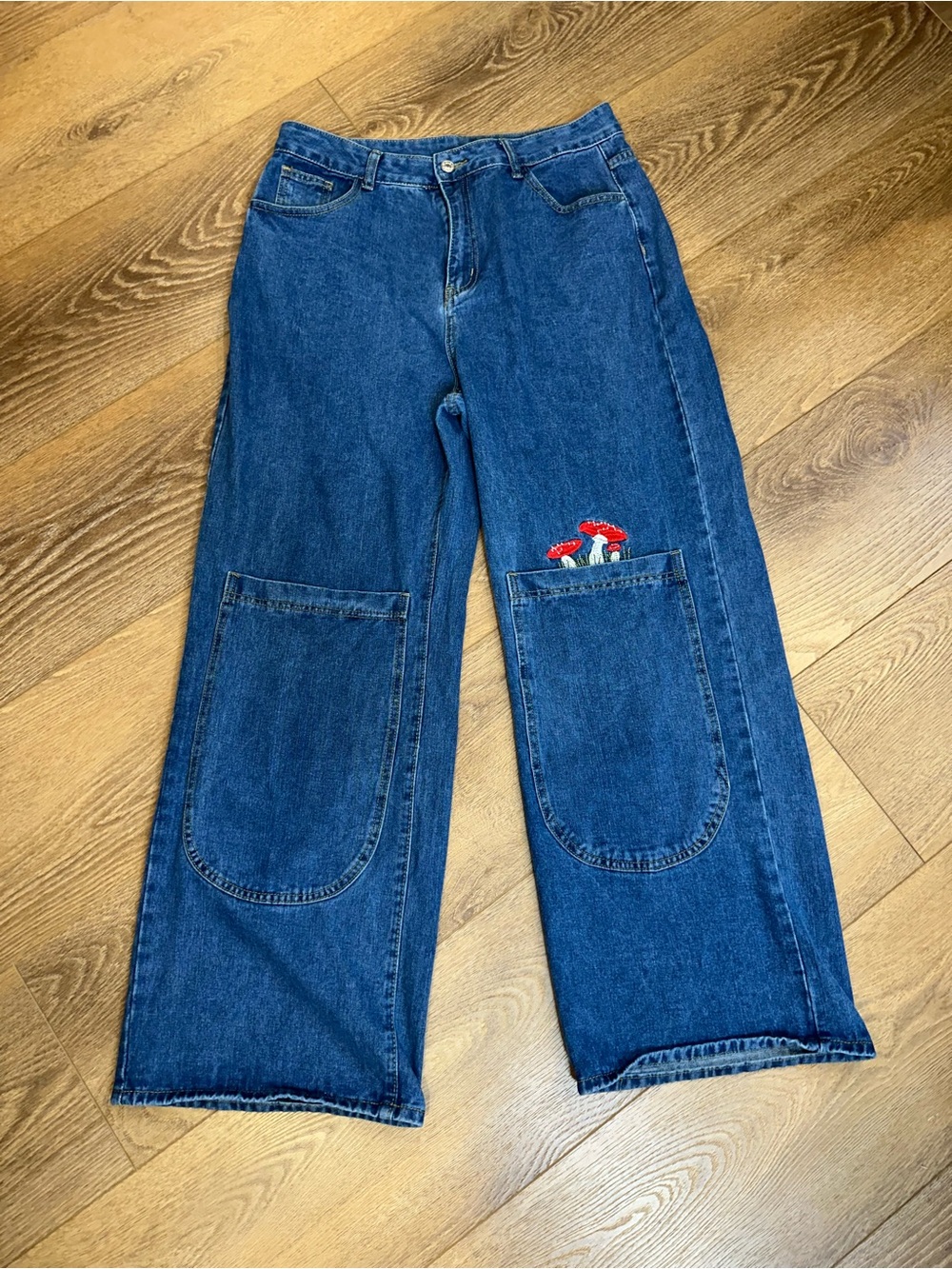 ROMWE Fairycore Mushroom Embroidery Wide Leg Jeans sz XL big pockets